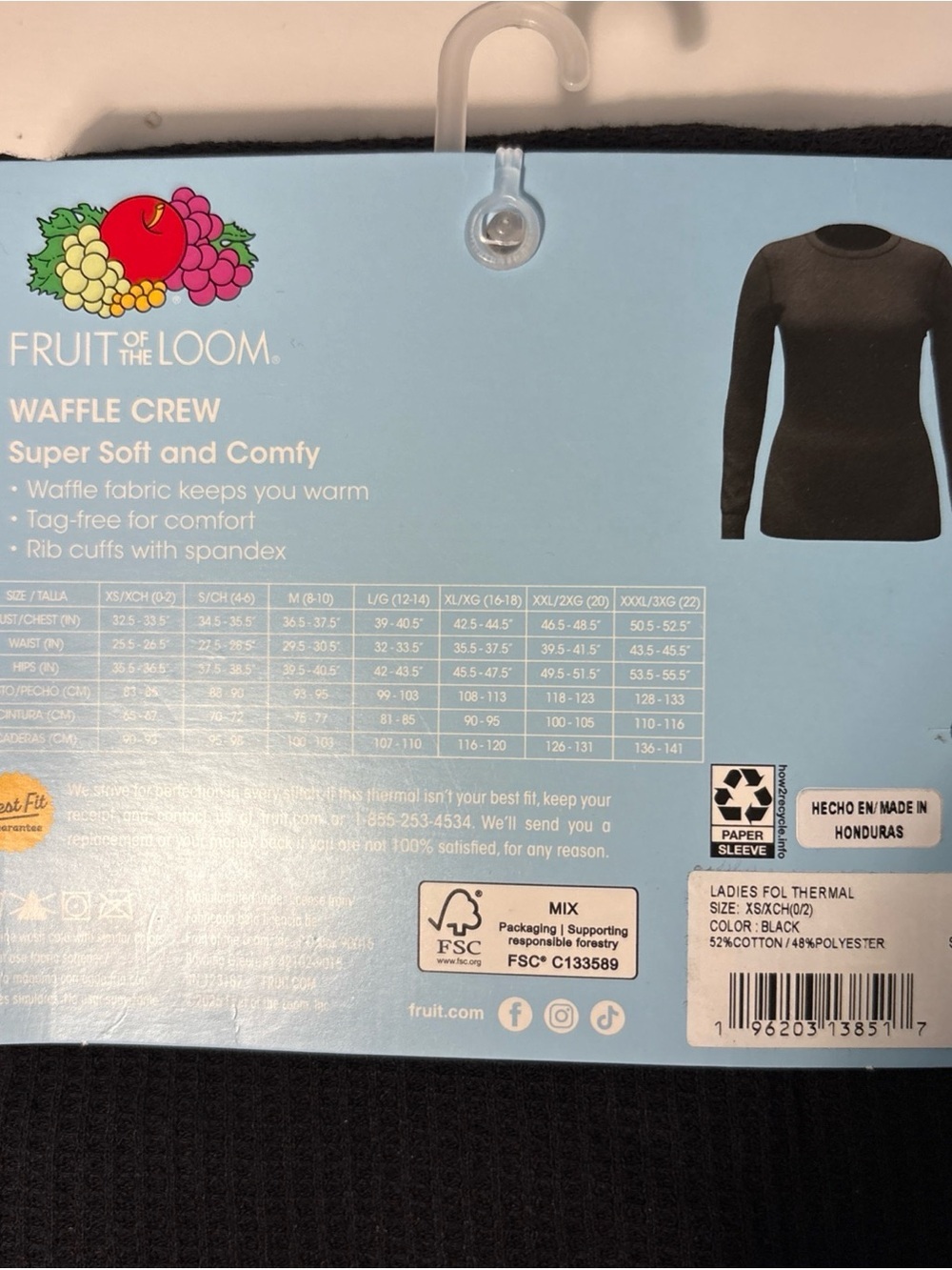 Fruit of the Loom 2 Black Waffle Crew Long Sleeve Tops & 1 bottom xs - Picture 4 of 8